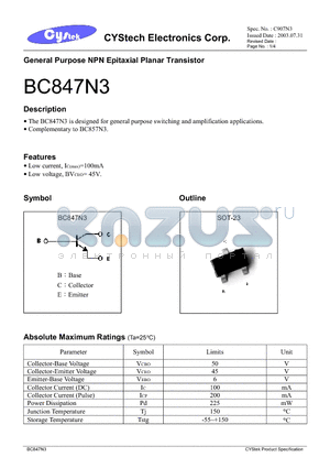 BC847N3 datasheet - General Purpose NPN Epitaxial Planar Transistor