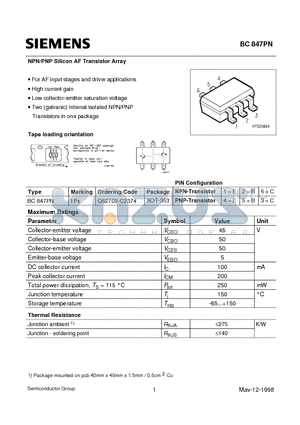 BC847PN datasheet - NPN/PNP Silicon AF Transistor Array (For AF input stages and driver applications High current gain Low collector-emitter saturation voltage)