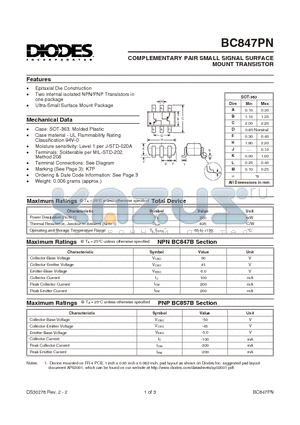 BC847PN datasheet - COMPLEMENTARY PAIR SMALL SIGNAL SURFACE MOUNT TRANSISTOR