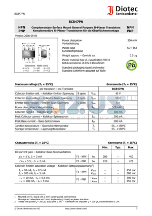 BC847PN datasheet - Complementary Surface Mount General Purpose Si-Planar Transistors