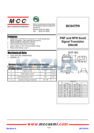BC847PN datasheet - PNP and NPN Small Signal Transistor 200mW