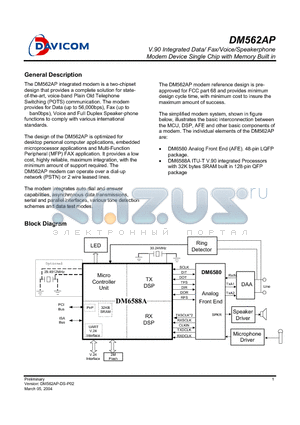 DM562AP datasheet - V.90 Integrated Data/ Fax/Voice/Speakerphone Modem Device Single Chip with Memory Built in
