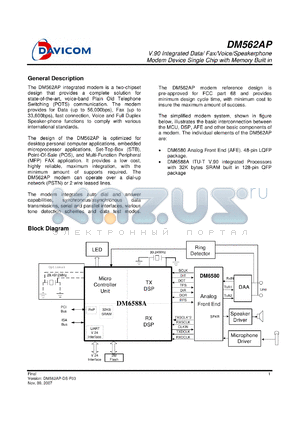 DM562AP_07 datasheet - V.90 Integrated Data/ Fax/Voice/Speakerphone Modem Device Single Chip with Memory Built in