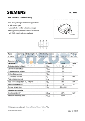 BC847S datasheet - NPN Silicon AF Transistor Array (For AF input stages and driver applications High current gain)