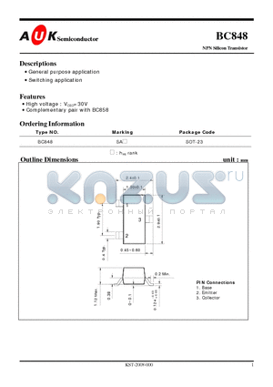 BC848 datasheet - NPN Silicon Transistor (General purpose application Switching application)