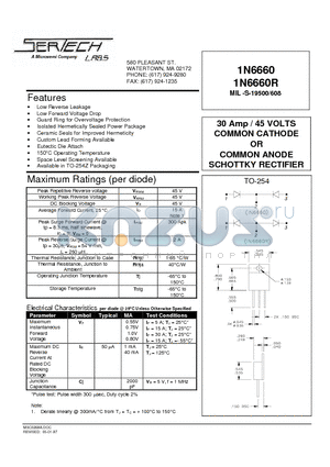 1N6660R datasheet - 30 Amp / 45 VOLTS COMMON CATHODE OR COMMON ANODE SCHOTTKY RECTIFIER
