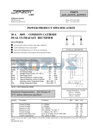 1N6672JANTX datasheet - 30 A 300V COMMON CATHODE DUAL ULTRAFAST RECTIFIER