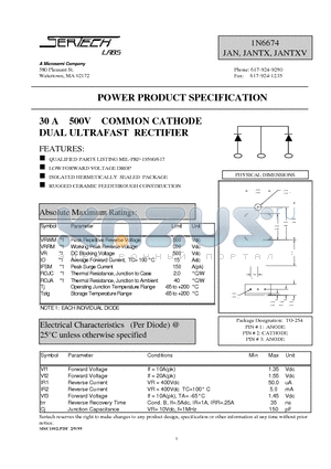 1N6674 datasheet - 30 A 500V COMMON CATHODE DUAL ULTRAFAST RECTIFIER
