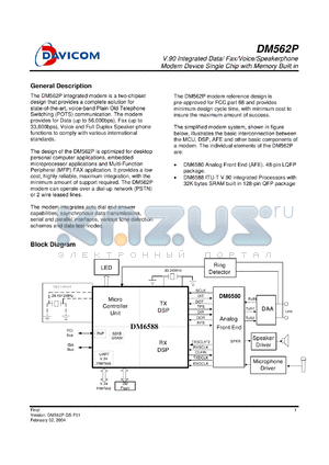 DM6580E datasheet - V.90 Integrated Data/ Fax/Voice/Speakerphone Modem Device Single Chip with Memory Built in