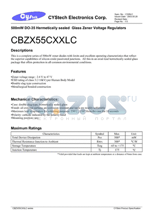 CBZX55C5V1 datasheet - 500mW DO-35 Hermetically sealed Glass Zener Voltage Regulators