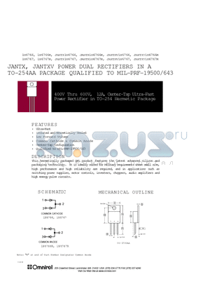 1N6767R datasheet - 400V Thru 600V, 12A, Center-Tap Ultra-Fast Power Rectifier in TO-254 Hermetic Package