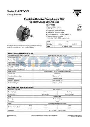 116BFZ datasheet - Precision Rotative Transducers 360` Special Laws: Sine/Cosine