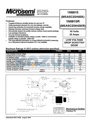 1N6815 datasheet - LOW VOLTAGE DROP SCHOTTKY DIODE