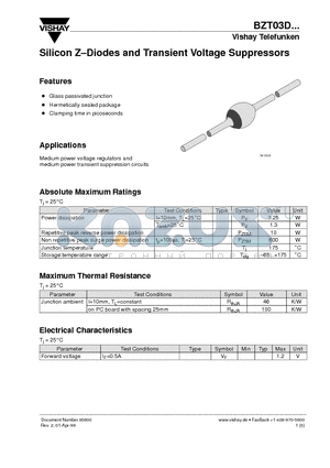 BZT03D120 datasheet - Silicon Z-Diodes and Transient Voltage Suppressors