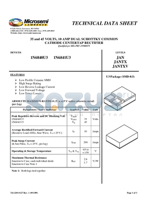 1N6840U3 datasheet - 35 and 45 VOLTS, 10 AMP DUAL SCHOTTKY COMMON CATHODE CENTERTAP RECTIFIER