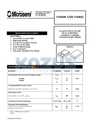 1N6841 datasheet - 35 and 45 VOLTS, 10 AMP DUAL SCHOTTKY COMMON CATHODE CENTERTAP RECTIFIER