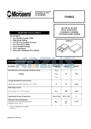 1N6842 datasheet - 60 VOLTS, 10 AMP DUAL SCHOTTKY COMMON CATHODE CENTERTAP RECTIFIER