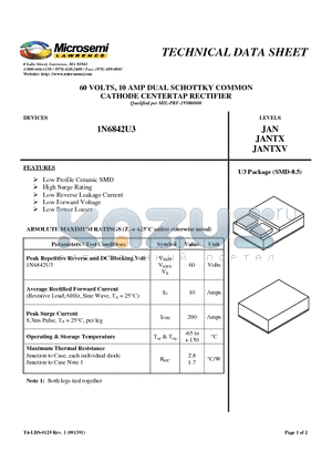 1N6842U3 datasheet - 60 VOLTS, 10 AMP DUAL SCHOTTKY COMMON CATHODE CENTERTAP RECTIFIER