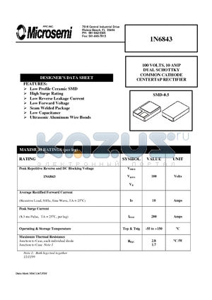 1N6843 datasheet - 100 VOLTS, 10 AMP DUAL SCHOTTKY COMMON CATHODE CENTERTAP RECTIFIER