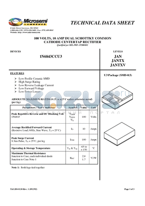 1N6843CCU3 datasheet - 100 VOLTS, 10 AMP DUAL SCHOTTKY COMMON CATHODE CENTERTAP RECTIFIER