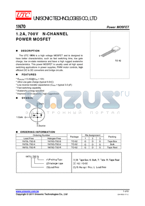 1N70L-T92-K datasheet - 1.2A, 700V N-CHANNEL POWER MOSFET