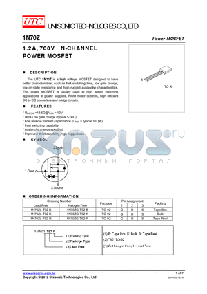 1N70ZG-T92-B datasheet - 1.2A, 700V N-CHANNEL POWER MOSFET