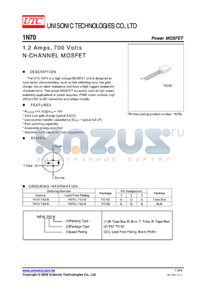 1N70L-T92-B datasheet - 1.2 Amps, 700 Volts N-CHANNEL MOSFET