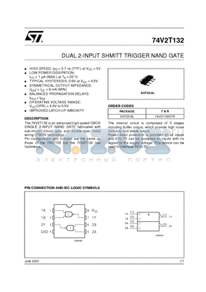 74V2T132STR datasheet - DUAL 2-INPUT SHMITT TRIGGER NAND GATE