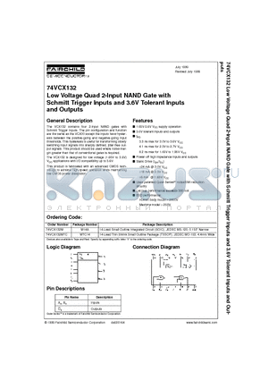 74VCX132M datasheet - Low Voltage Quad 2-Input NAND Gate with Schmitt Trigger Inputs and 3.6V Tolerant Inputs and Outputs