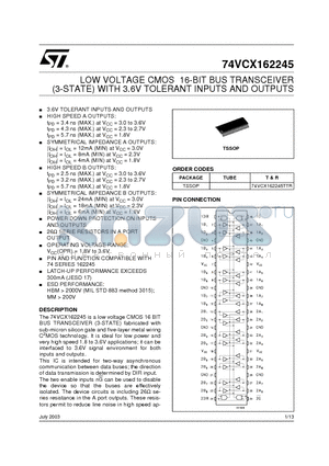 74VCX162245TTR datasheet - LOW VOLTAGE CMOS 16-BIT BUS TRANSCEIVER (3-STATE) WITH 3.6V TOLERANT INPUTS AND OUTPUTS