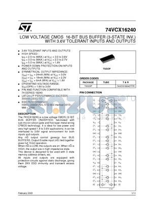 74VCX16240 datasheet - LOW VOLTAGE CMOS 16-BIT BUS BUFFER (3-STATE INV.) WITH 3.6V TOLERANT INPUTS AND OUTPUTS