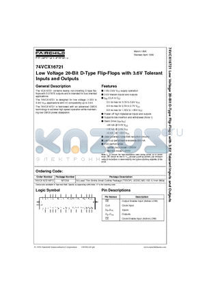 74VCX16721 datasheet - Low Voltage 20-Bit D-Type Flip-Flops with 3.6V Tolerant Inputs and Outputs