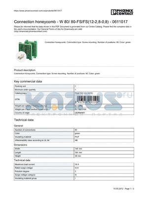 0611017 datasheet - Connection honeycomb, Connection type: Screw mounting, Number of positions