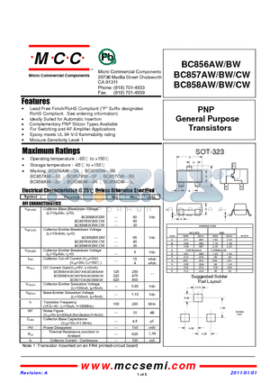 BC856AW datasheet - PNP General Purpose Transistors