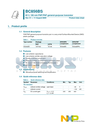 BC856BS datasheet - 65 V, 100 mA PNP/PNP general-purpose transistor