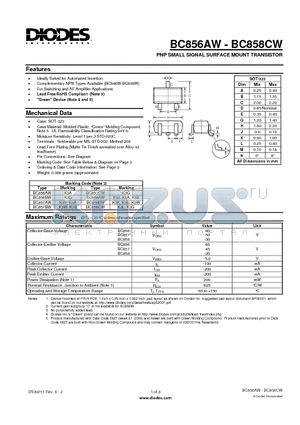 BC856BW datasheet - PNP SMALL SIGNAL SURFACE MOUNT TRANSISTOR