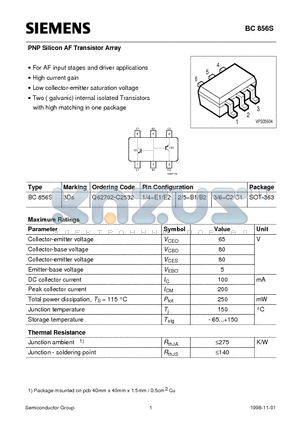 BC856S datasheet - PNP Silicon AF Transistor Array (For AF input stages and driver applications High current gain Low collector-emitter saturation voltage)