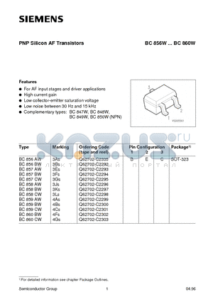 BC856W-BC860W datasheet - PNP Silicon AF Transistors (For AF input stages and driver applications High current gain Low collector-emitter saturation voltage)