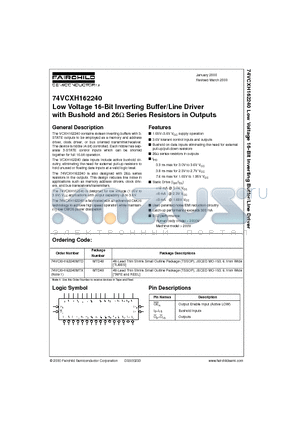 74VCXH162240 datasheet - Low Voltage 16-Bit Inverting Buffer/Line Driver with Bushold and 26Y Series Resistors in Outputs