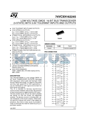 74VCXH162245TTR datasheet - LOW VOLTAGE CMOS 16-BIT BUS TRANSCEIVER (3-STATE) WITH 3.6V TOLERANT INPUTS AND OUTPUTS