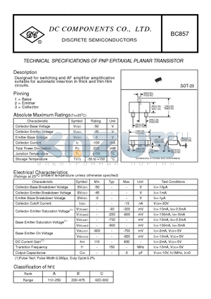 BC857 datasheet - TECHNICAL SPECIFICATIONS OF PNP EPITAXIAL PLANAR TRANSISTOR