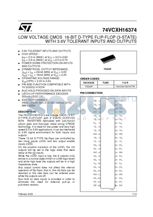 74VCXH16374 datasheet - LOW VOLTAGE CMOS 16-BIT D-TYPE FLIP-FLOP (3-STATE)WITH 3.6V TOLERANT INPUTS AND OUTPUTS