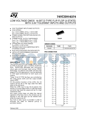 74VCXH16374TTR datasheet - LOW VOLTAGE CMOS 16-BIT D-TYPE FLIP-FLOP (3-STATE)WITH 3.6V TOLERANT INPUTS AND OUTPUTS