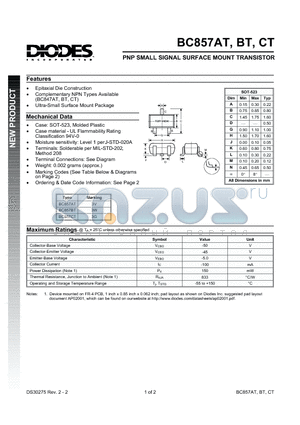 BC857AT-7 datasheet - PNP SMALL SIGNAL SURFACE MOUNT TRANSISTOR