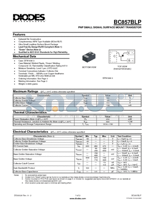 BC857BLP-7 datasheet - PNP SMALL SIGNAL SURFACE MOUNT TRANSISTOR