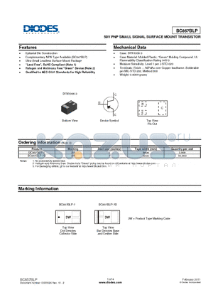 BC857BLP-7B datasheet - 50V PNP SMALL SIGNAL SURFACE MOUNT TRANSISTOR