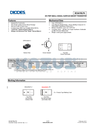 BC857BLP4-7 datasheet - 45V PNP SMALL SIGNAL SURFACE MOUNT TRANSISTOR