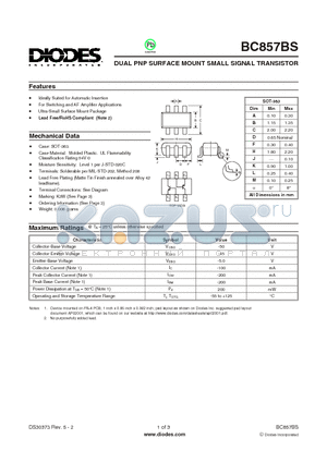 BC857BS-7-F datasheet - DUAL PNP SURFACE MOUNT SMALL SIGNAL TRANSISTOR