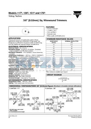 117S datasheet - 3/8 (9.52mm) Sq. Wirewound Trimmers