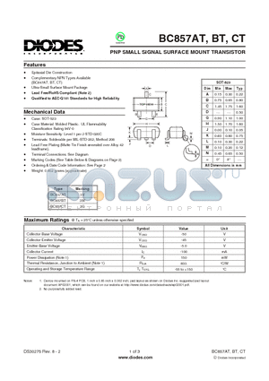 BC857CT datasheet - PNP SMALL SIGNAL SURFACE MOUNT TRANSISTOR